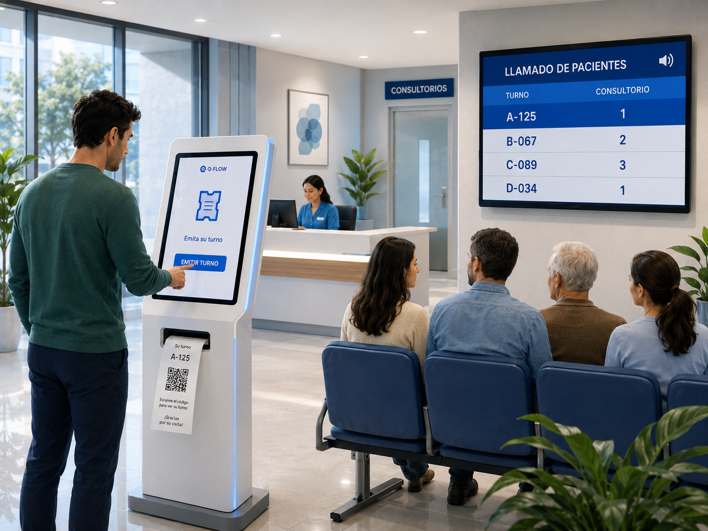 Sala de espera de una clínica: un paciente toma su turno en un kiosco de autoservicio, y en la pared una pantalla muestra el llamado de turnos con su número de consultorio.